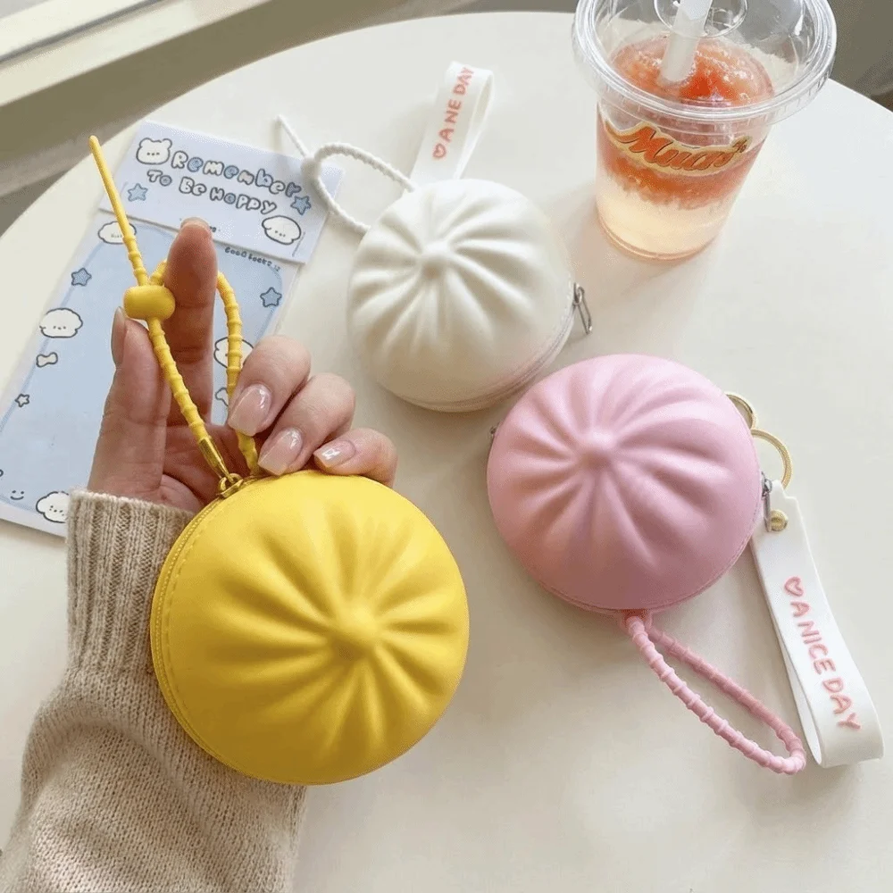 Silicone Steamed Bun Coin Purse Pleated Design Creative Simulated Xiaolongbao Storage Pouch Round Plump Lightweight