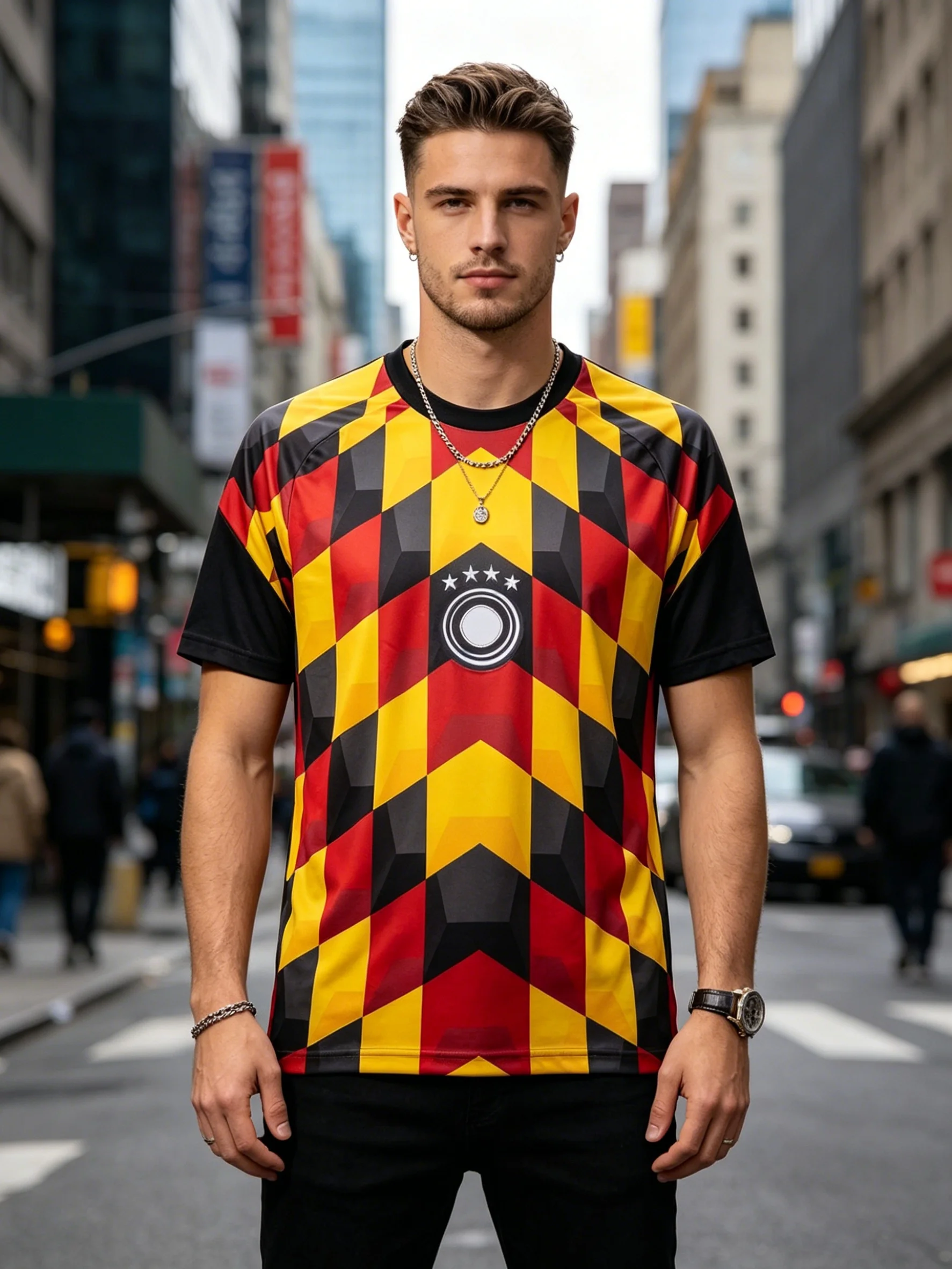 Herren Deutschland 2026 Schwarz Kariertes Trikot Fußball Sommer Rundhals Komfort Atmungsaktiv Kurzarm Unisex – Detail 3
