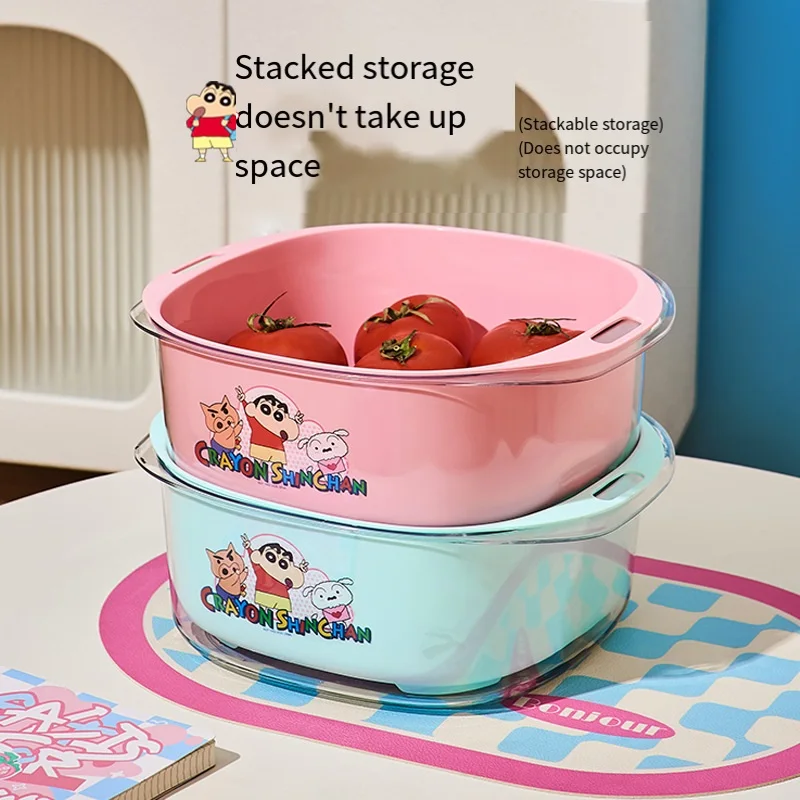 Double Layer Vegetable Washing Basket Cartoon Crayon Shin-Chan Anime Household Colander Cute Portable Plastic Kitchen Sink