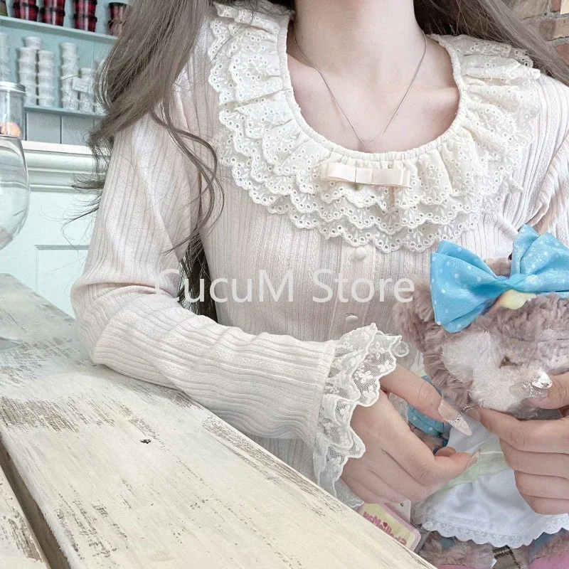 New Japanese Style Kawaii Sweet Tops Spicy Girls Lace Up Long Sleeve Fashion Blouse Woman Aesthetic Cute Korean Style Clothing