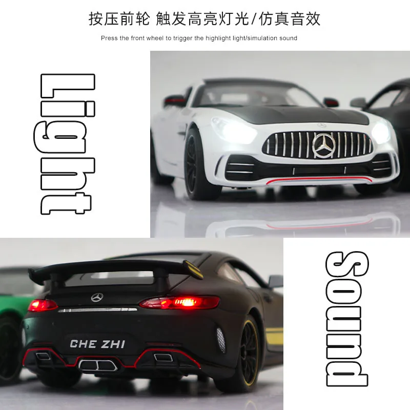 1:24 Mercedes Benz AMG GTR Modelo de metal Diecast Simulação de carro esportivo com som leve Coleção de brinquedos para presentes