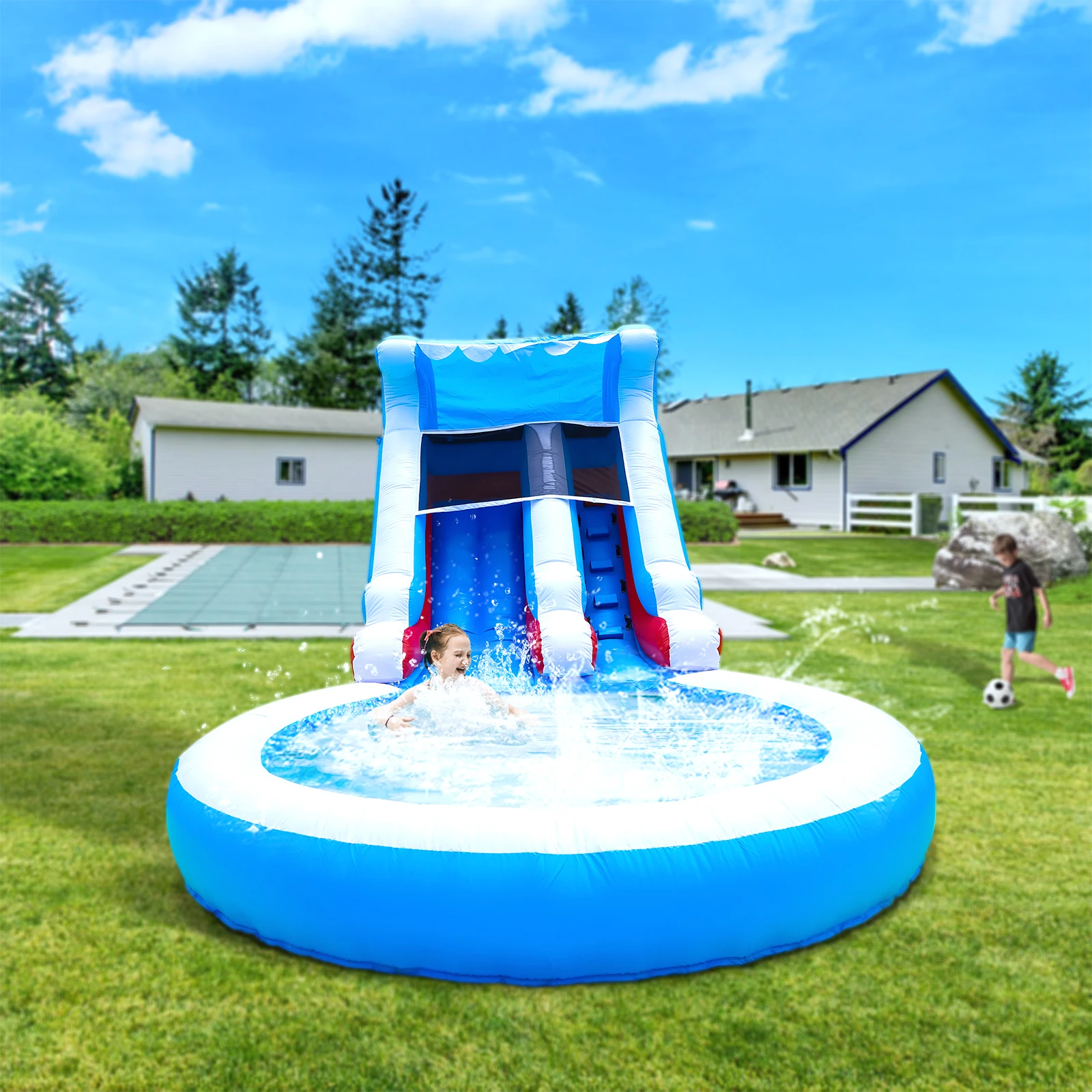 Opblaasbare Zomer Outdoor Sildes Air Bounce Water amusement Speeltoestellen Opblaasbare Water Dubbele Glijbaan Bubble Ball Pit