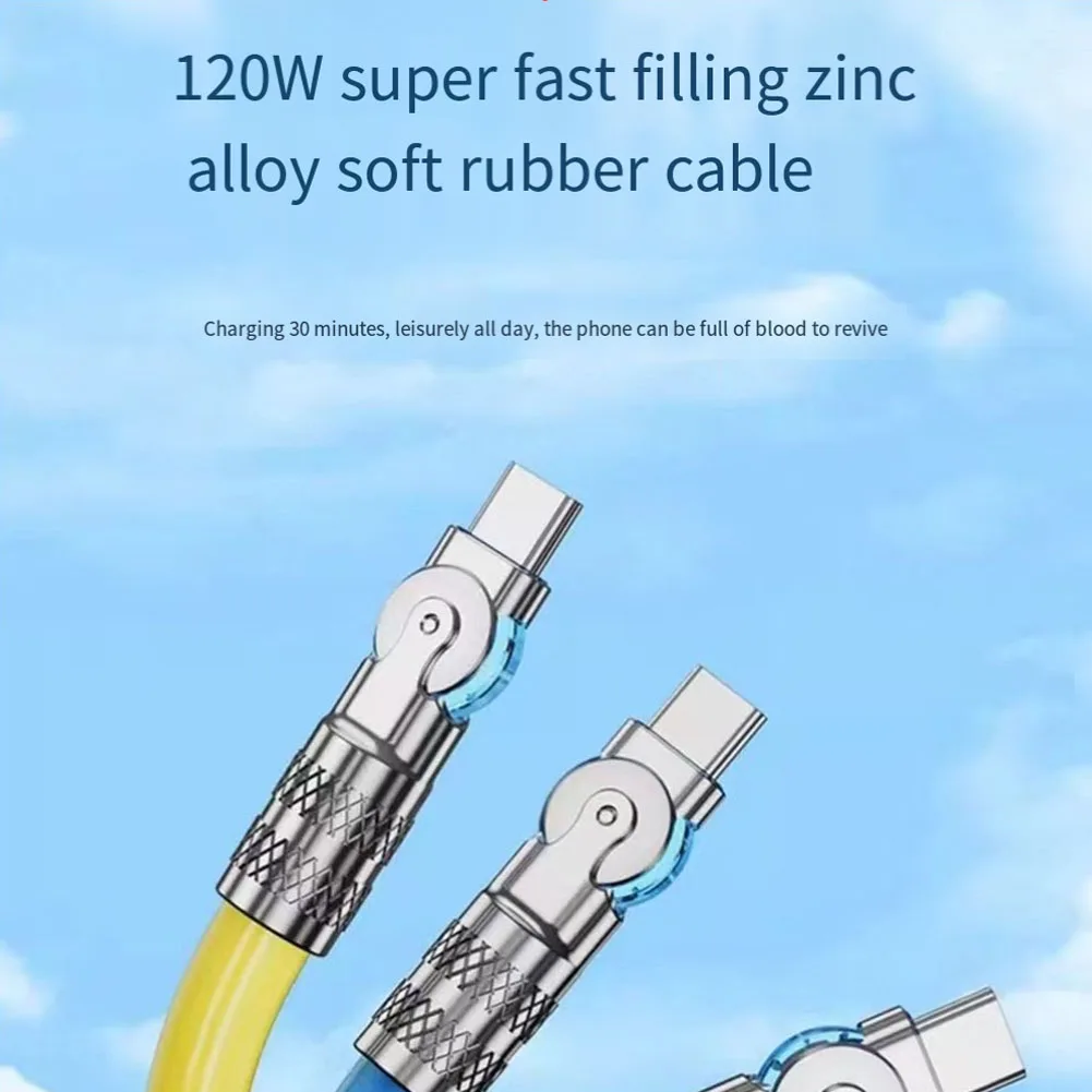 Liga de zinco trançado USB Mobile Phone Data Cable 180 graus cotovelo giratório, Rápido 180 graus rotativo, 120W, 6A