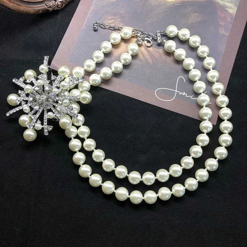 Retro vintage multi-layered pearl diamond snowflake pendant brooch necklace removable pearl earring