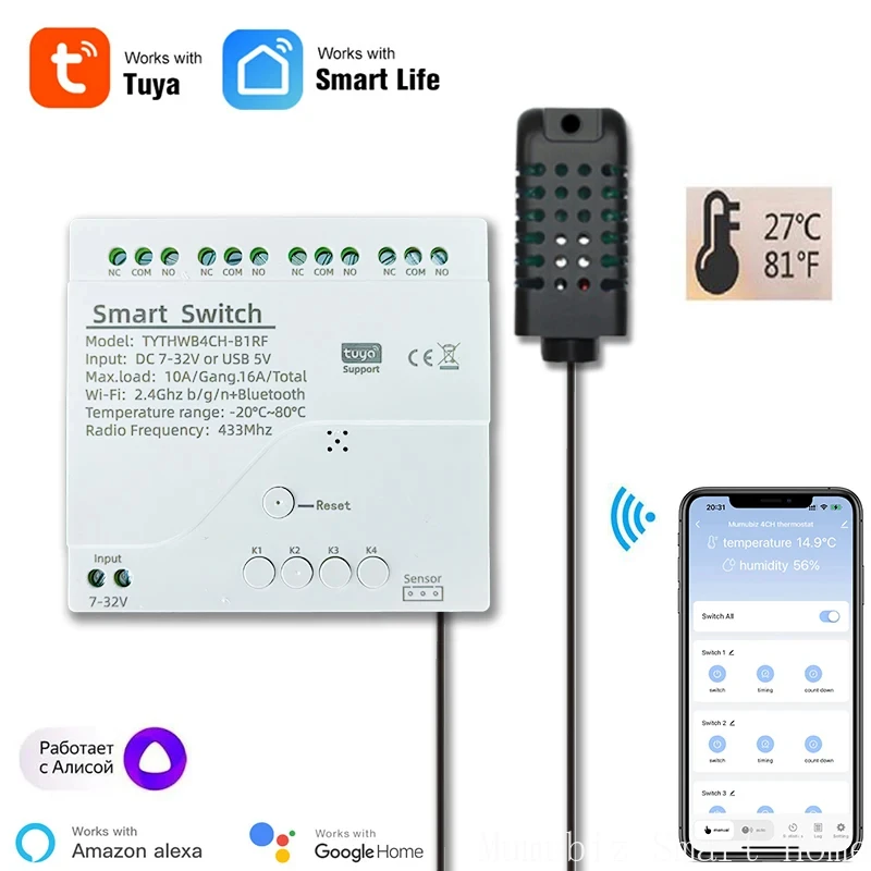 

Tuya Smart WiFi 4 Channel Relay With Temperature Humidity Sensor Passive Dry Contact Switch RF433 Alexa Alice Compatible