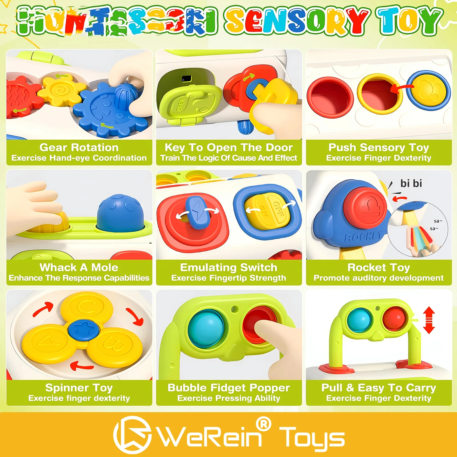 لعبة لعب حسية للأطفال مكونة من تسعة في واحد لتطوير التنسيق بين اليد والدماغ باللمس على شكل ألوان