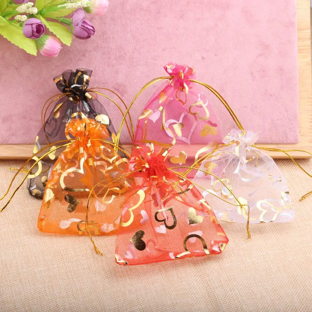 50pcs/Lot Gold Color Love Heart Organza Bags 7x9cm 9x12cm 10x15cm 13x18cm Wedding Party Candy Storage Gift Drawstring Pouches