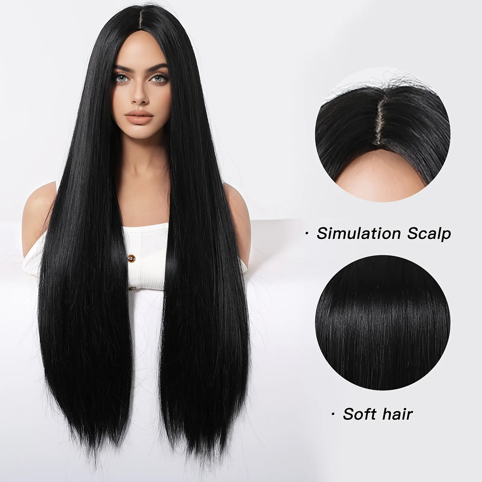 Elegant 28 Inch Black Straight Synthetic Wig for Women, High Temperature Fiber, 150% Density, with Rose Net Cap, for Parties and image 6