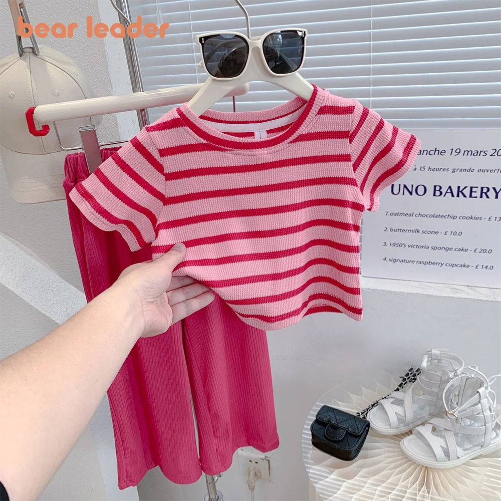 Bear Leader Girls Clothing Set 2023 Summer New Korean Children Set Girls Stripe Knitted Short Sleeve+Red Wide Leg Pants 2 Sets