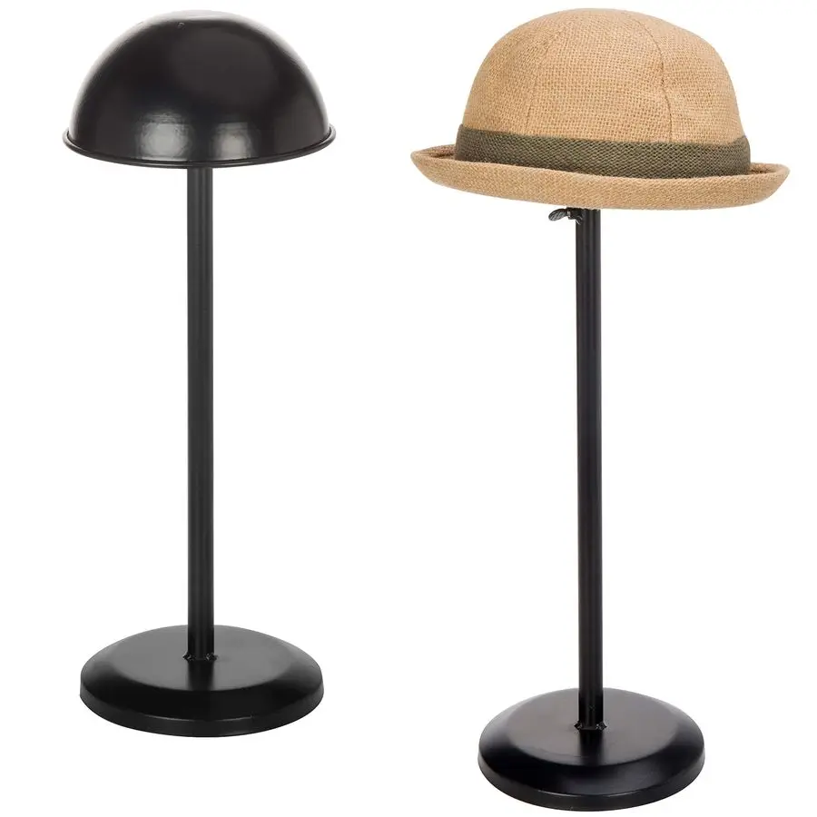 Black Metal Freestanding Wig Holder and Hat Rack Stand with Dome Shape and Adjustable Height, Set of 2