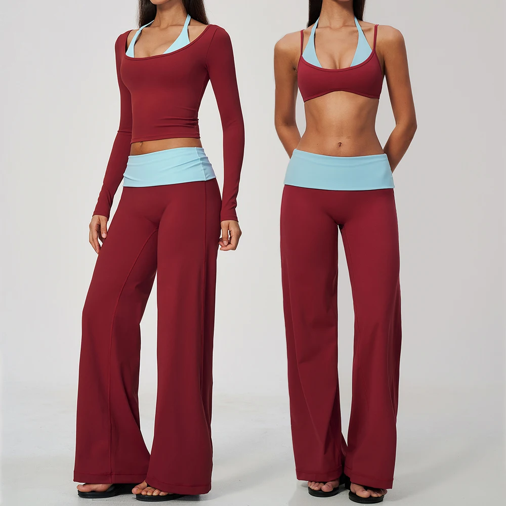Contrast Color Fitness Suit 2PCS Women's Tracksuit Yoga Set Sport Outfits Gym Clothes Flared Pants Athletic Wear Workout Clothes
