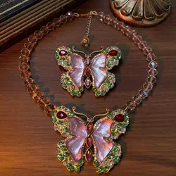 Butterfly pink rhinestone cute sweet necklace Brooch earrings