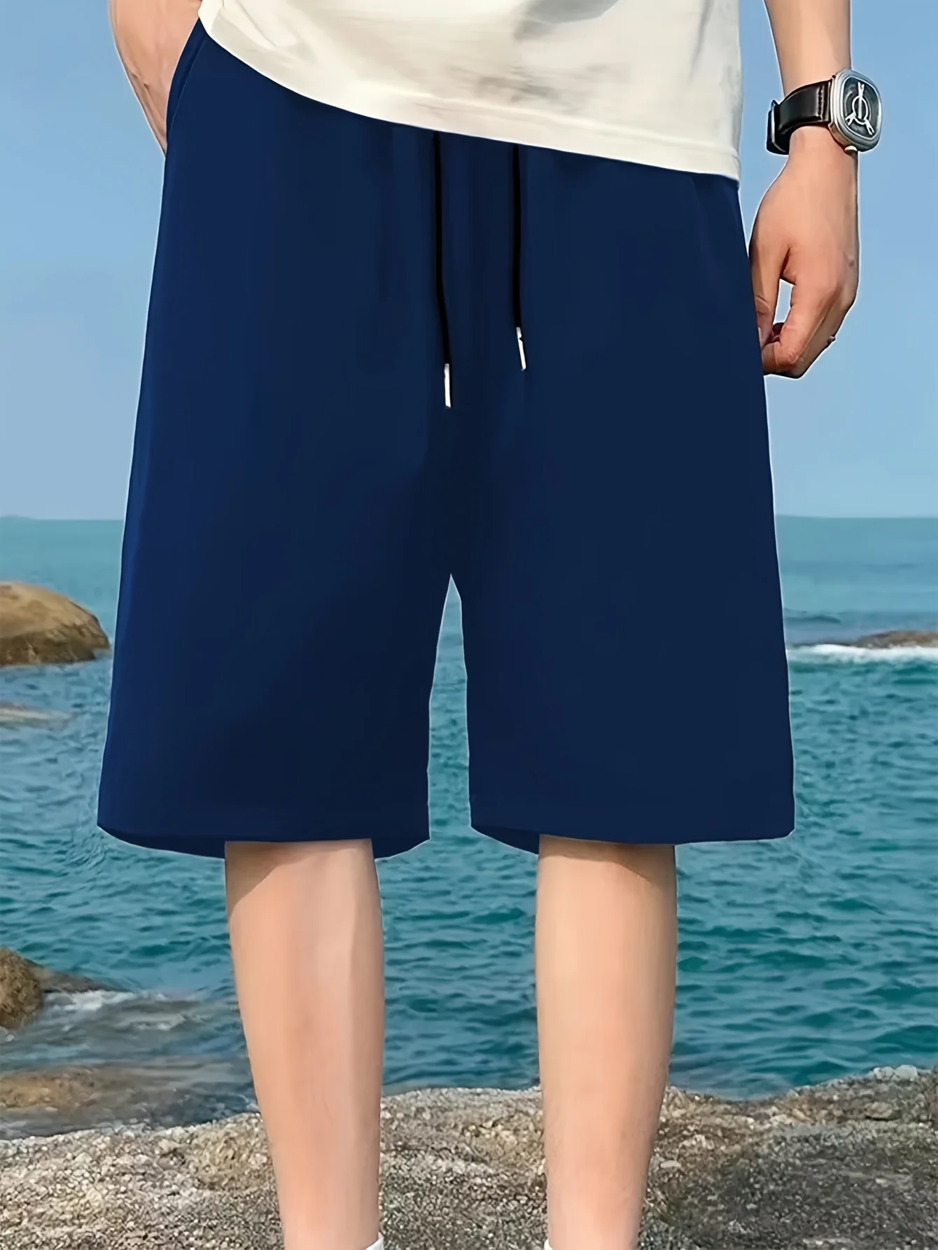 

Мужские однотонные шорты с карманами, повседневные шорты с эластичной резинкой на талии и шнурком, подходящие для лета.