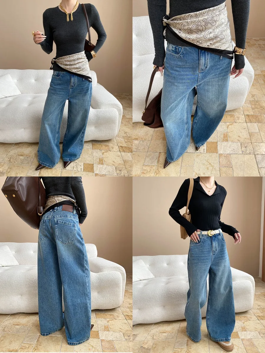 Women Solid Jeans Denim Wide Leg Pants Full Lenth High Waist Zipper Straight Loose Fit Y2k Streetwear Casual 2025 Spring Autumn