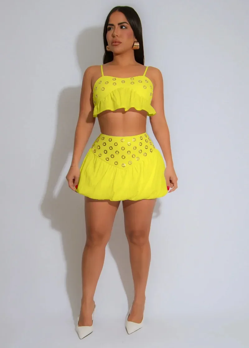 

Women Solid Metal Rings Summer Holiday 2 Piece Set Ruffles Camisole Crop Tops + Mini Bubble Skirts Party Clubwear Dress Suits