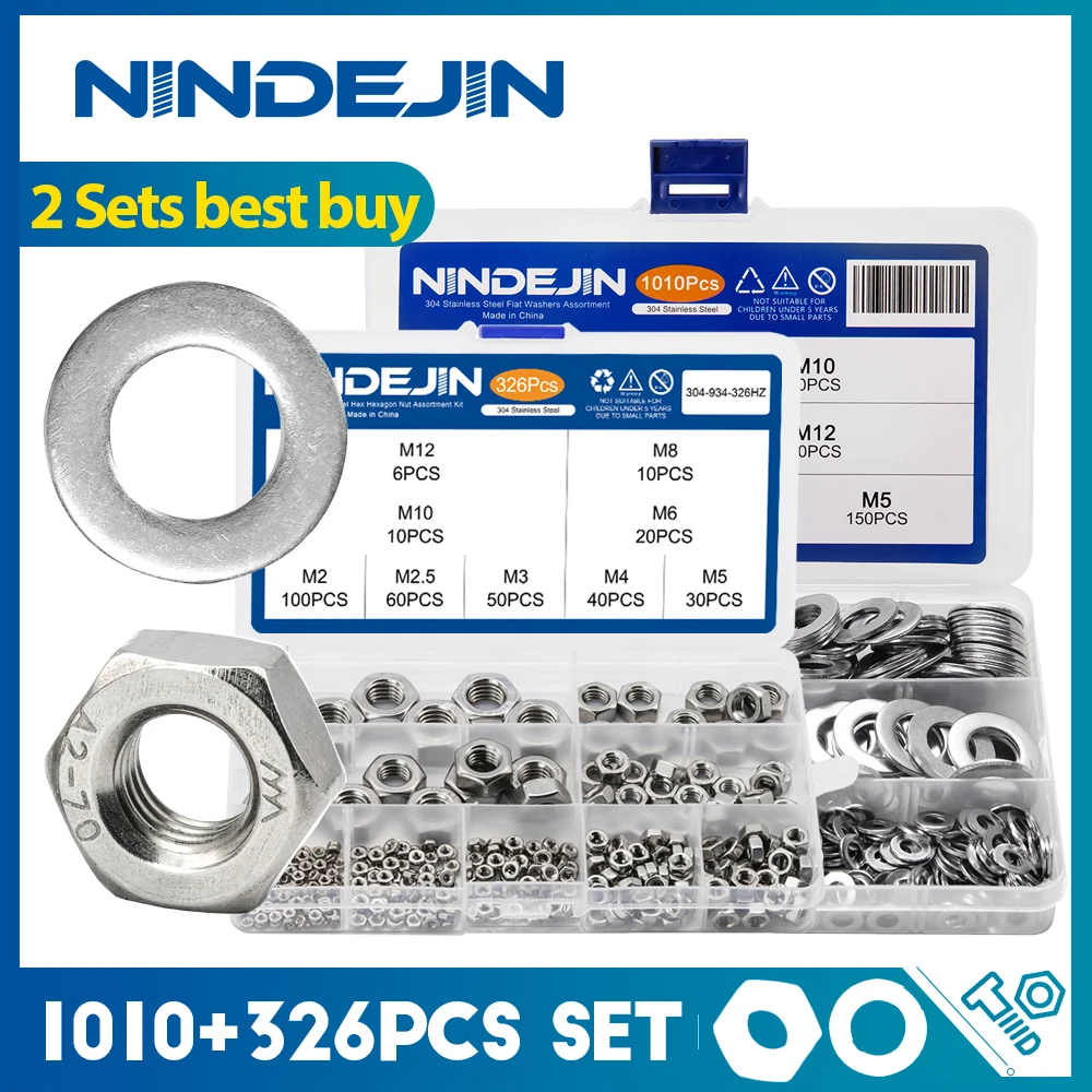 NINDEJIN 326pcs/set M2-M12 Hexagon Nuts Assortment Kit Stainless Steel 1010pcs Flat Washer Set DIN934 & DIN125