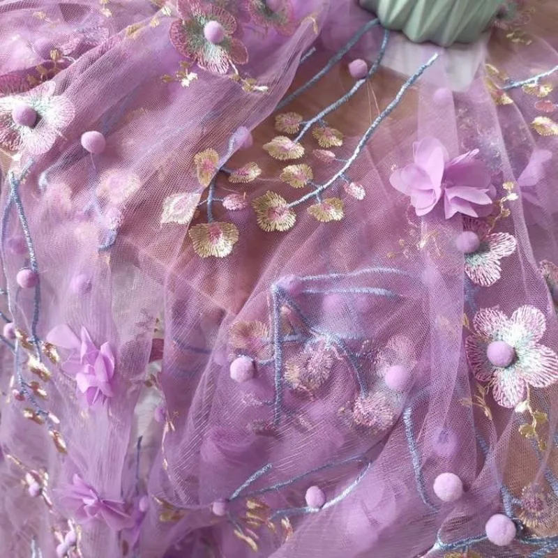 Purple Flower Mesh Fabric DIY Handmade Clothing Material Embroidery Sweet Fairy Dress Fabrics Curtain Tablecloth Accessories Ins
