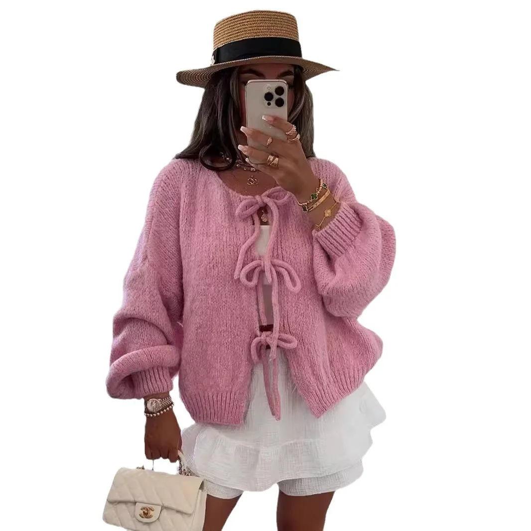 Korean Crewneck Lace-up Knitted Cardigan Jacket for Autumn Winter 2024 New Solid Color Commuter Sweater for Women Cardigans