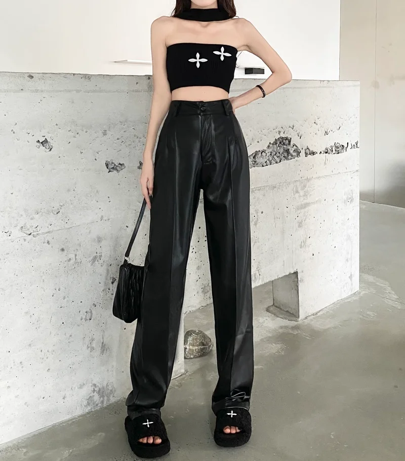 High Waist Straight Loose Casual Wide Leg Black Leather Pants Trousers Y2k Pant Pantalones De Mujer PU Streetwear Sexy 2024 Fall