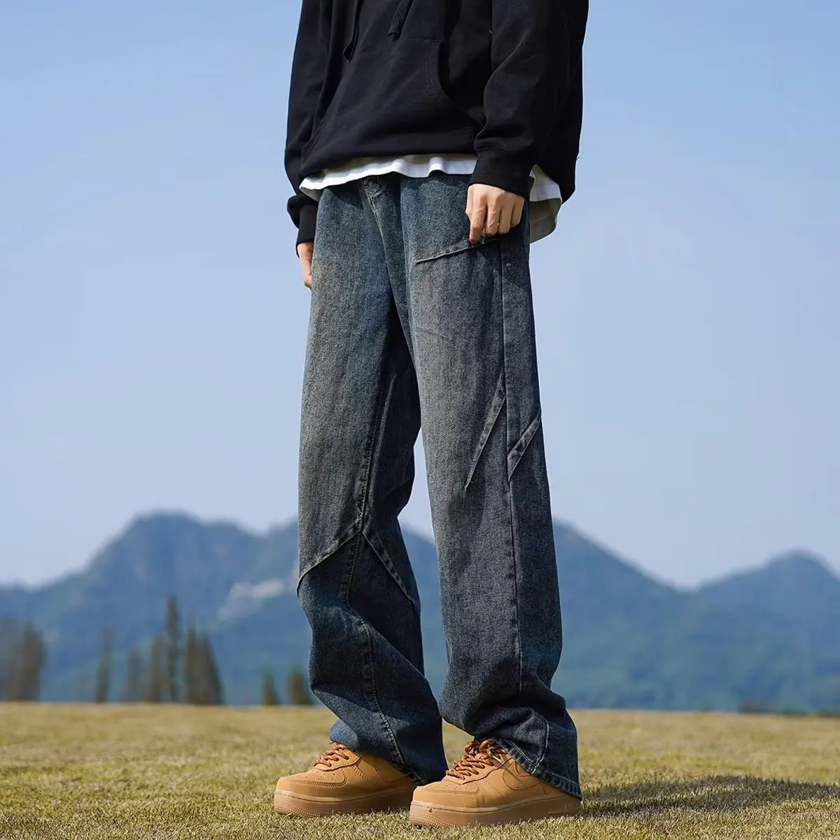 

Осень-зима, мужские джинсы больших размеров, свободные широкие брюки длиной до пола, винтажные удобные молодежные модные джинсовые брюки