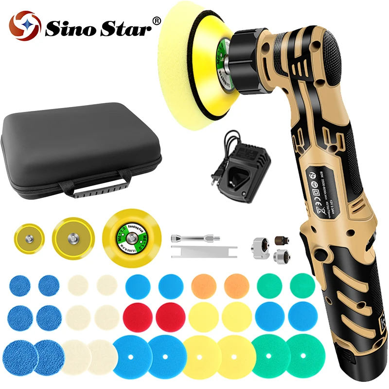 SinoStar Cordless Mini Car Polisher 110-240V 12V Micro Cordless Scratches Killer DA/RO Car Polisher 6 Speed 1/2/3inch 30 Pads