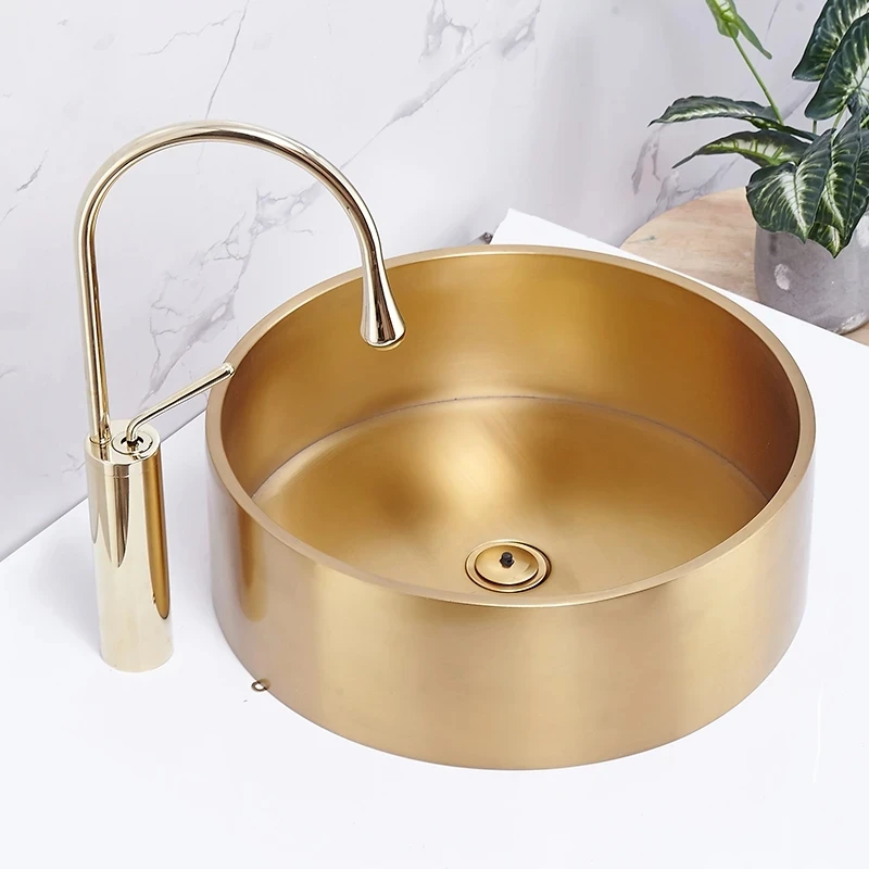 CX146FP High Quality 304 Stainless Steel Wash Basin Round Counter Villa Art Sink Bowl Small Size Gold Bathroom Sink