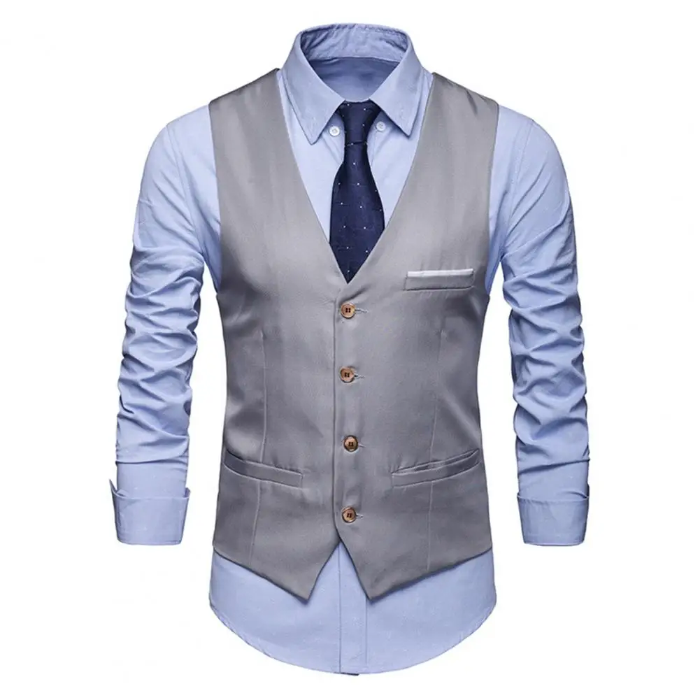 Men Suit Vest Formal V Neck Slim Fit Cardigan Single-breasted Solid Color Silky Fabric Pockets Groom Wedding Waistcoat