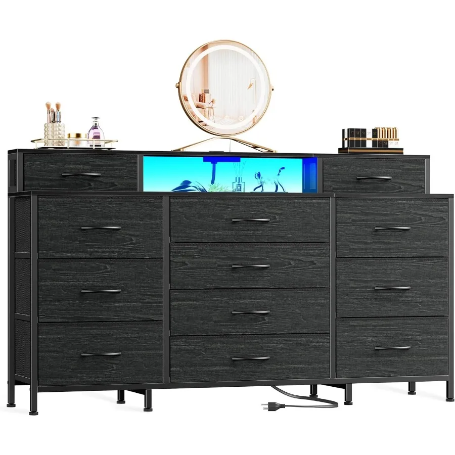 خزانة ملابس 63 واط لغرفة النوم مع أضواء LED ومنافذ طاقة سوداء كبيرة 12 درج تخزين طويل من القماش مع 2 She