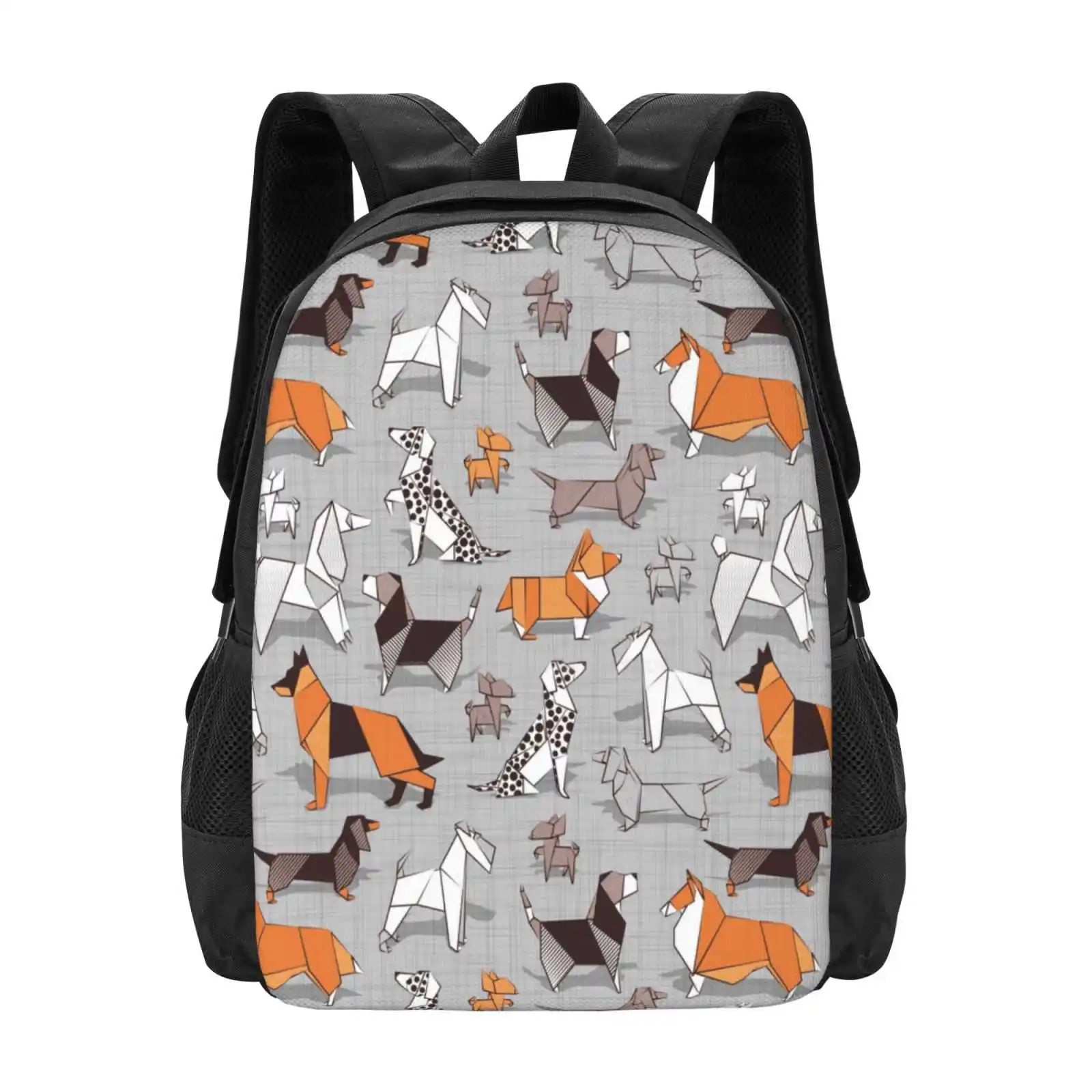 Origami Doggie Friends / / Grey Linen Texture Background Pattern Design Bag Student'S Backpack Dog Illustration Dogs