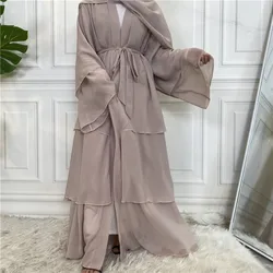 Ramadan Eid Abayas for Women Dubai 2023 Three-layer Soft Chiffon Muslim Fashion Dress Woman Open Abayas With Belt Turkey Islam