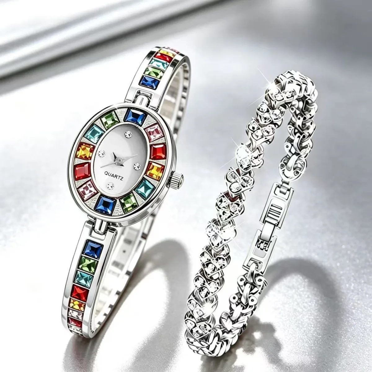 2PCS Elegant Colorful Diamond Women's Watch Bracelet Set Gold Bracelet Strap Rainbow Crystal Quartz Watch Set