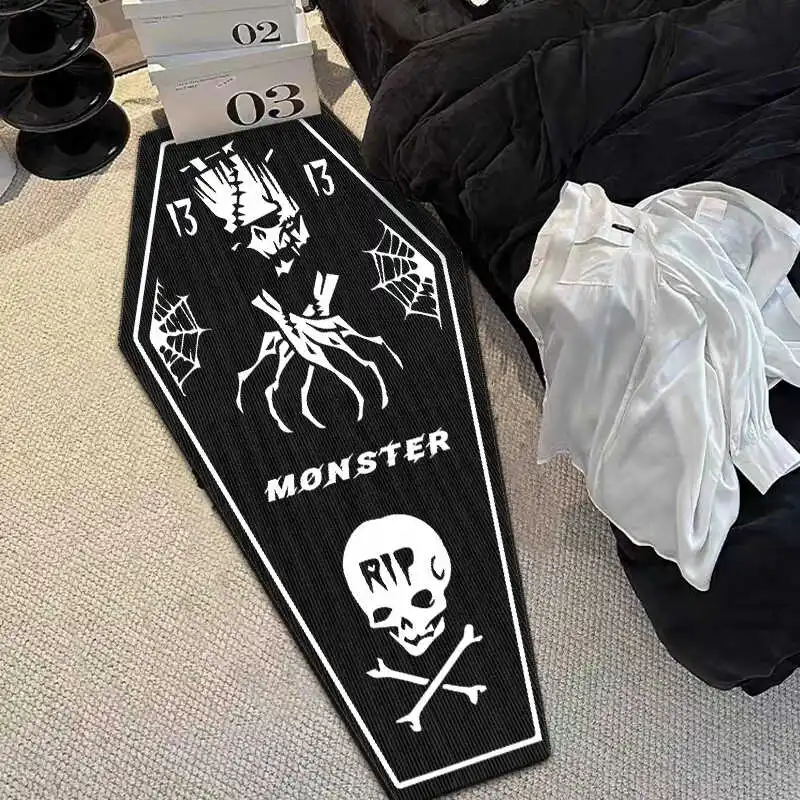 Gothic Style Decoration Carpet Dark Horror Skull Creative Rug Black White Coffin Shape Bedroom Bedside Mat Easy To Care for Mats