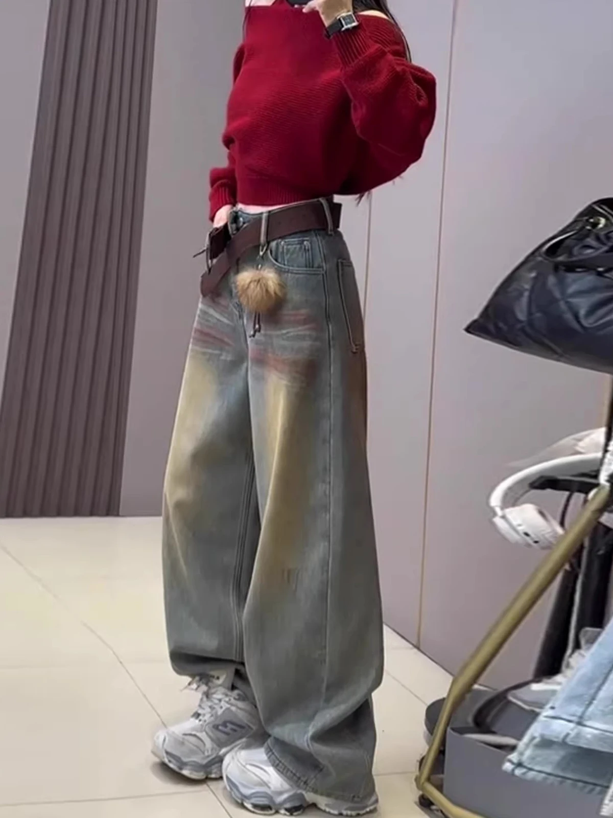 

Blue Thiened Fce Wide Leg Denim Jeans Women's High Waist Loose Fit Slimming Ankle-Length Tied Dye Winter New Sle