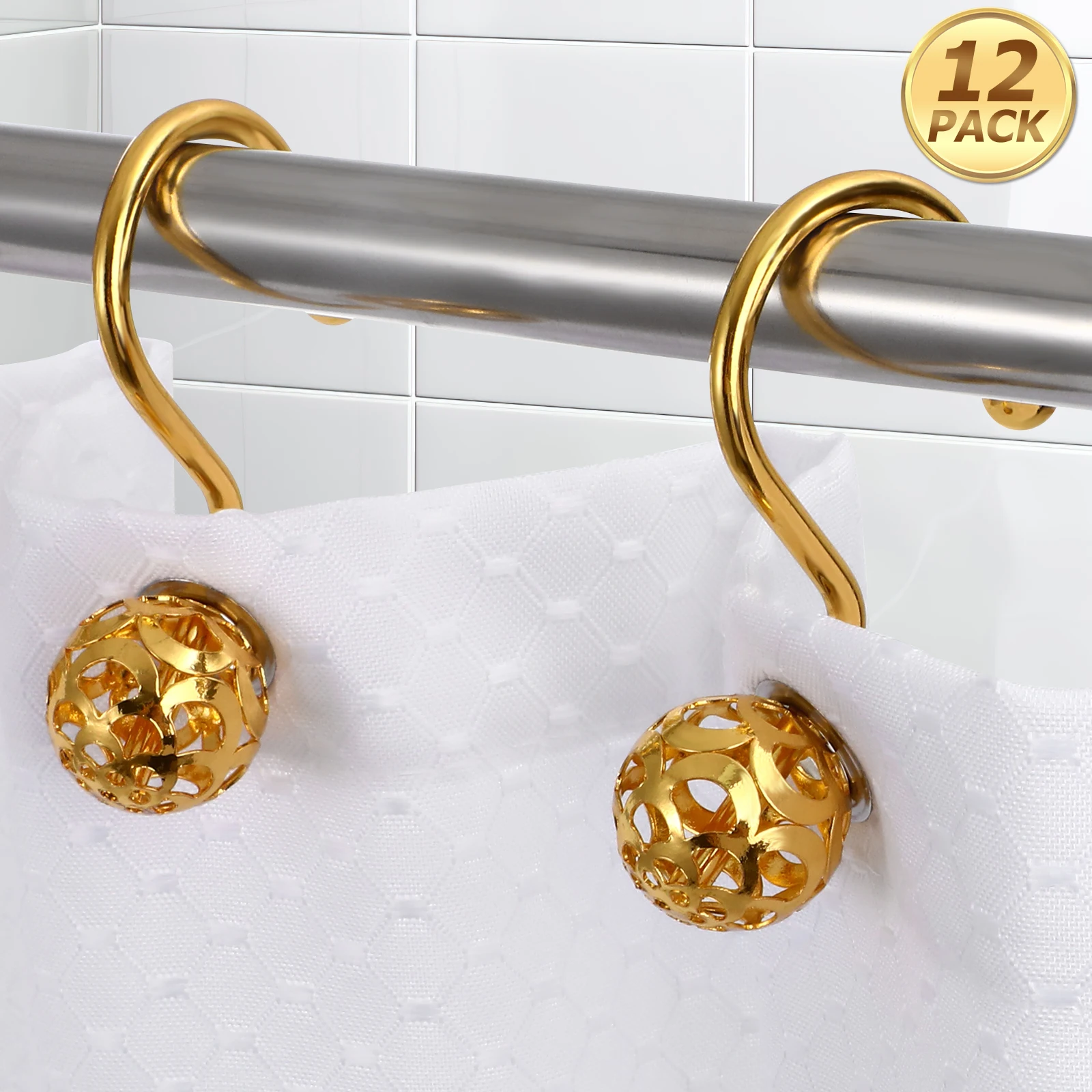 

12 Pcs Shower Curtain Hooks Golden Bead Stainless Steel Sliding Rings Quiet Bathrooms Decorative Curtains Hardware Fits St