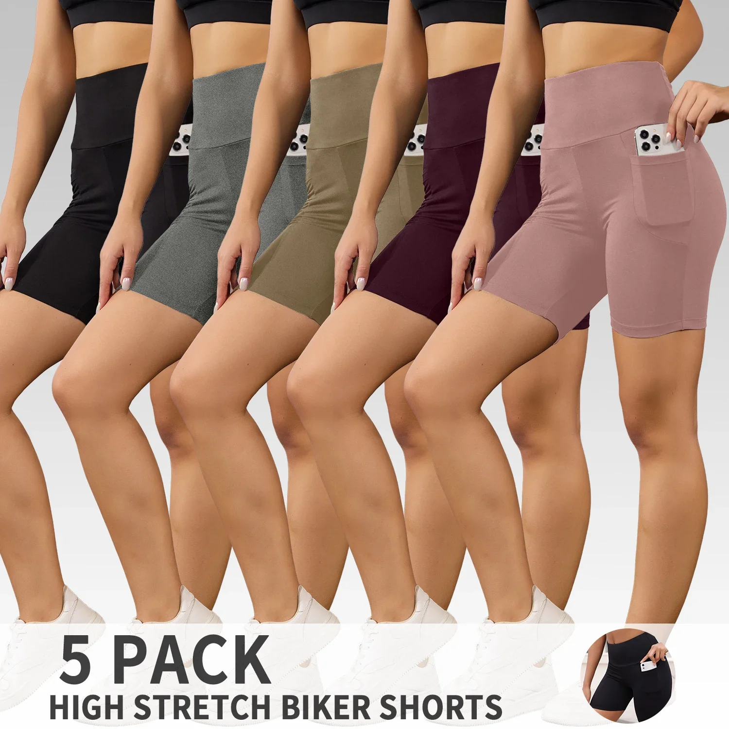 

5 Pack High Waisted Biker For Women With Pockets Tummy Control No See Through Workout Running Yoga Push Up Gym Fitness Shorts