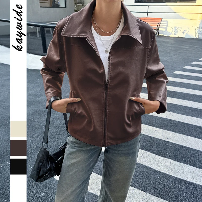 

Simple Long-sleeved Leather Jacket for Women 2025 Autumn and Winter