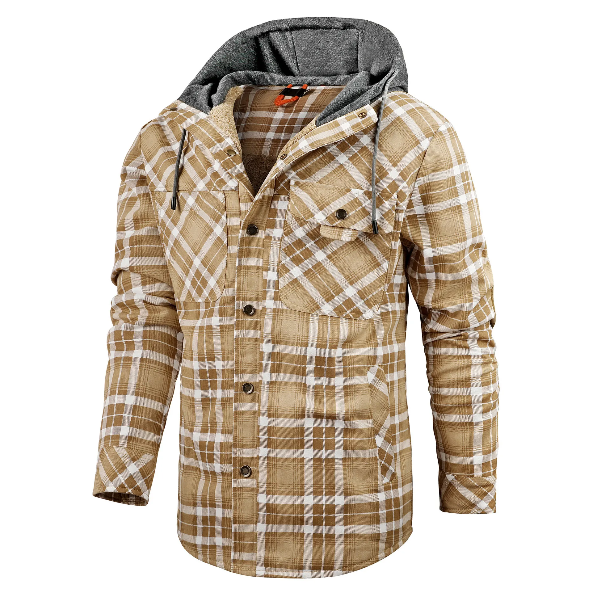 2024US camicia a scacchi da uomo a maniche lunghe più peluche con cappuccio spesso per l'autunno e l'inverno più giacca da uomo in cotone con top