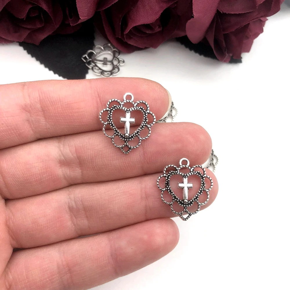 10pcs Silver Color Heart Shaped Cross Charms Pendant For Women Earrings Accessories Jewelry Supplies 20x22mm