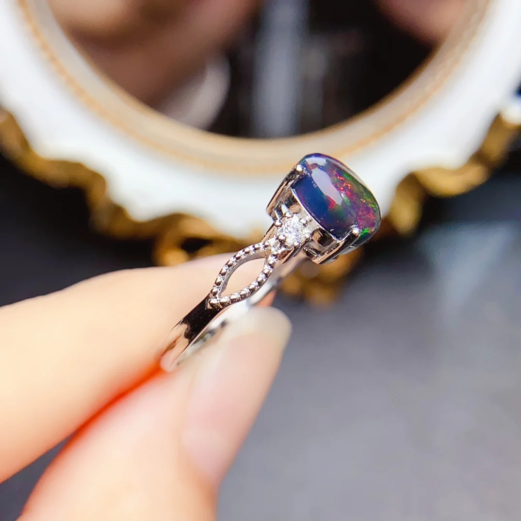FS S925 Sterling Silver Inlay 7*9 Natural Black Opal Fashion Ring for Women Fine Charm Weddings Jewelry With Certificate MeiBaPJ
