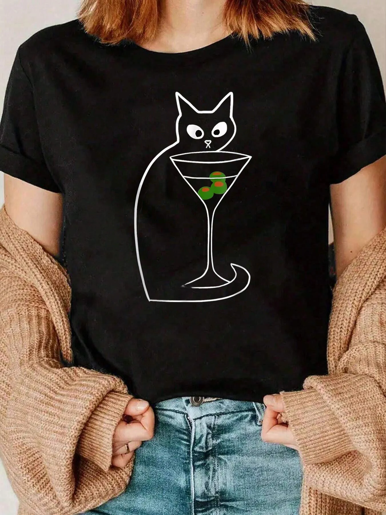 Cat Martini T-shirt met grafische print Vrijetijdskleding voor dames 220 g