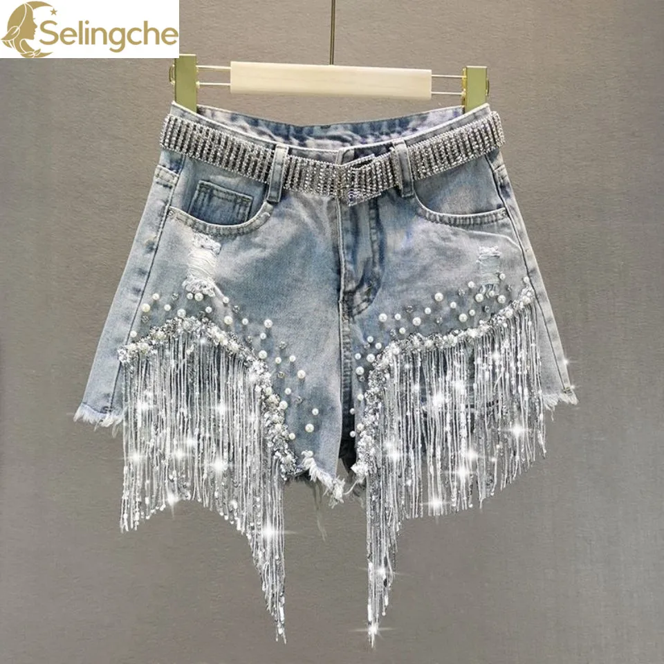 Denim Shorts for Women\'s Summer and Korean Versions High Waisted and Slim with Holes Studded Sequins Tassels Wide Leg Pants