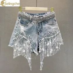 Denim Shorts for Women's Summer and Korean Versions High Waisted and Slim with Holes Studded Sequins Tassels Wide Leg Pants