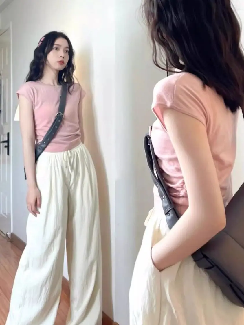 Retro American Slimming Pink Top Loose Straight Leg Pants Fashionable Two-Piece Set for Women Commute Style Summer Wear