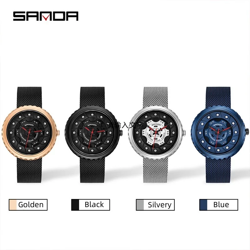 SANDA-reloj de cuarzo redondo para hombre, cronógrafo con pantalla analógica, resistente al agua, con correa de malla, ideal para regalo, 1043