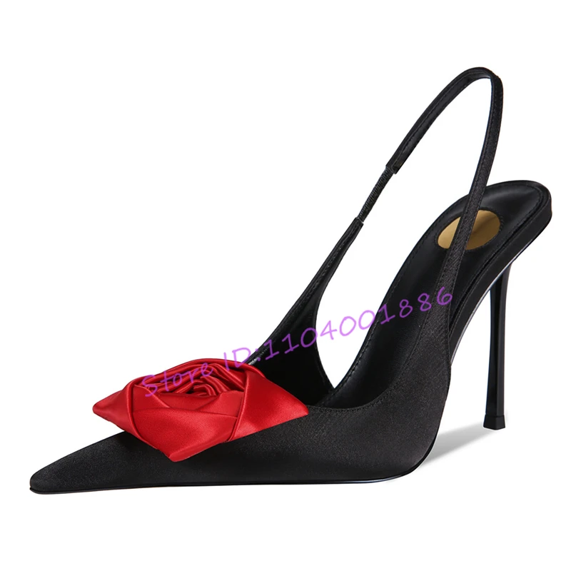 

Red Rose Satin High Heel Sandals Sexy Women Pointed Toe Back Strap Stiletto Heels Pumps Elegant Lady Banquet Party Wedding Shoes