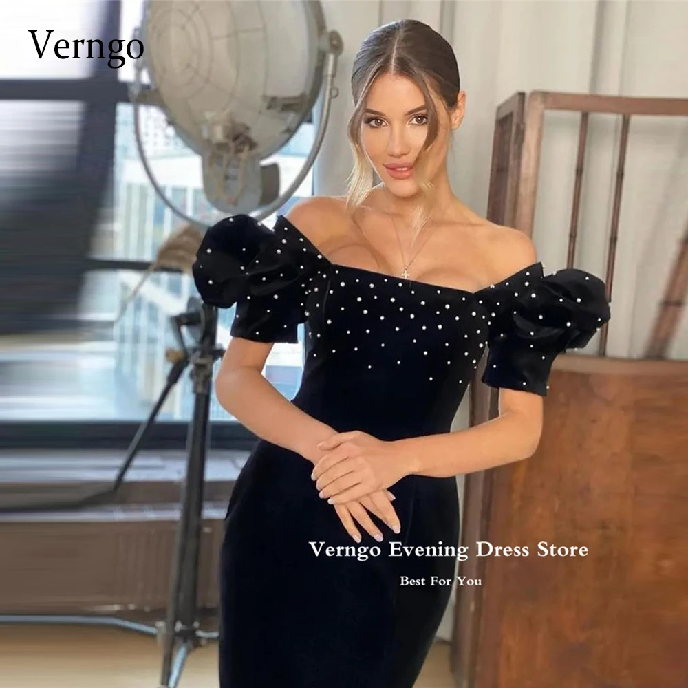 

Verngo Classic Black Velour Evening Party Dresses Sexy off the Shoulder Pearls Tea Length Arabic Women Formal Evening Gown