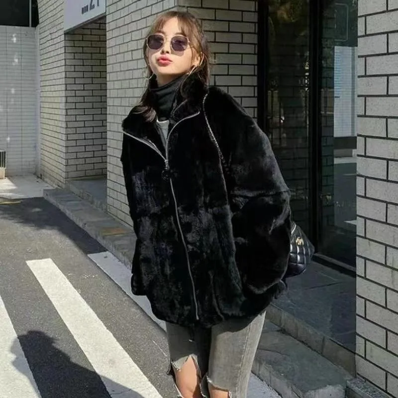 2025 Winter New Fashion Women’s Solid Color Stand Collar Long Sleeve Zipper Casual Trendy Faux Fur Jackets Female Clothes Coats