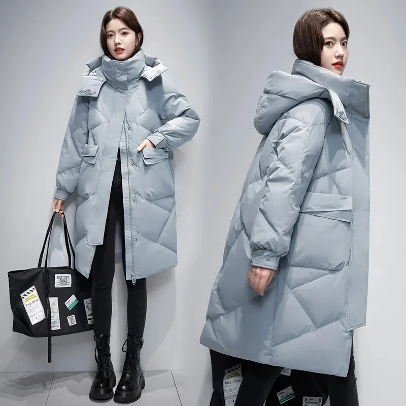 Black Down Jacket Women's 2025 Winter New Korean Edition Fashion Loose Thick White Duck Down Coat Female Hooded Pike Long Coats