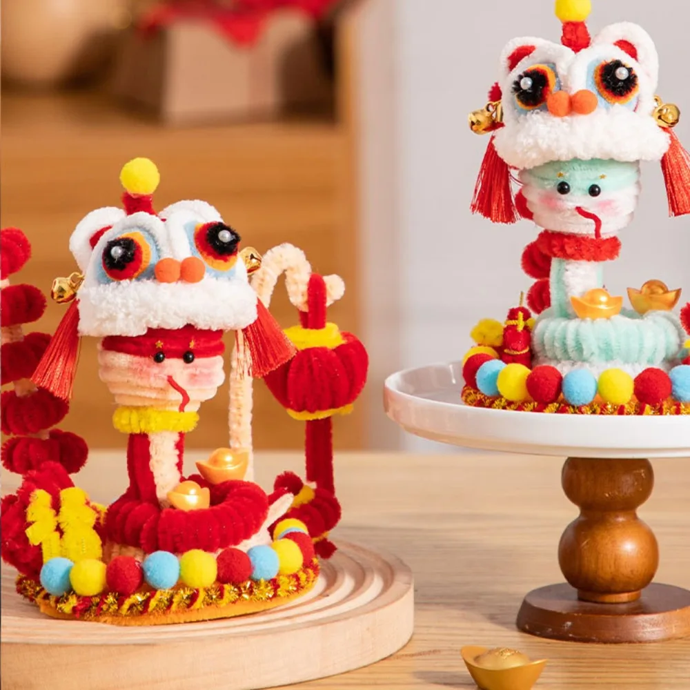 Iron Wire Strip Stick Kids DIY Lion Dance Toy Twist Wire Ethnic Handmade Plush New Year Craft Realistic Blessing Lantern Pendant