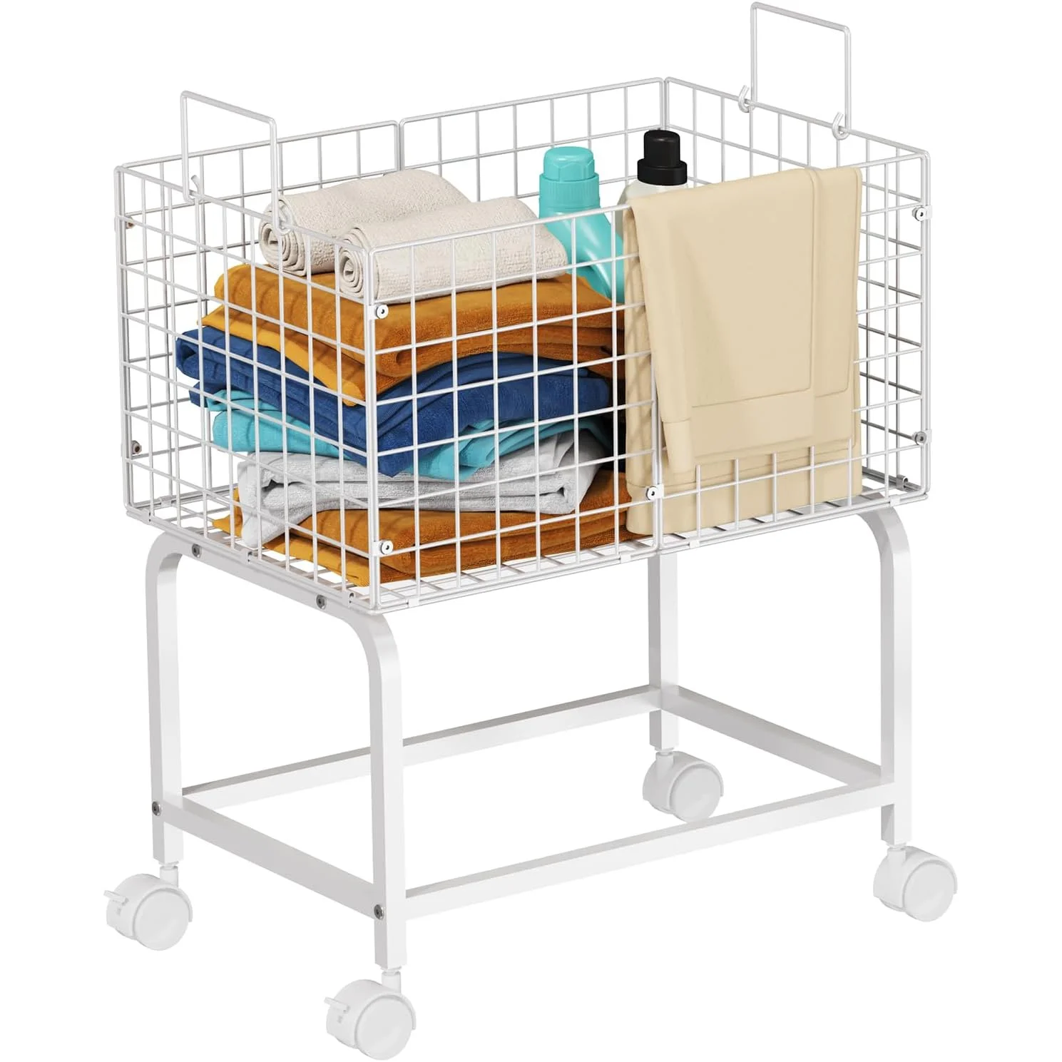 

Wire Laundry Hamper Cart, Laundry Hamper Trolley with Pull Handle, White High Laundry Basket Cart for Laundry Room, Bathroom
